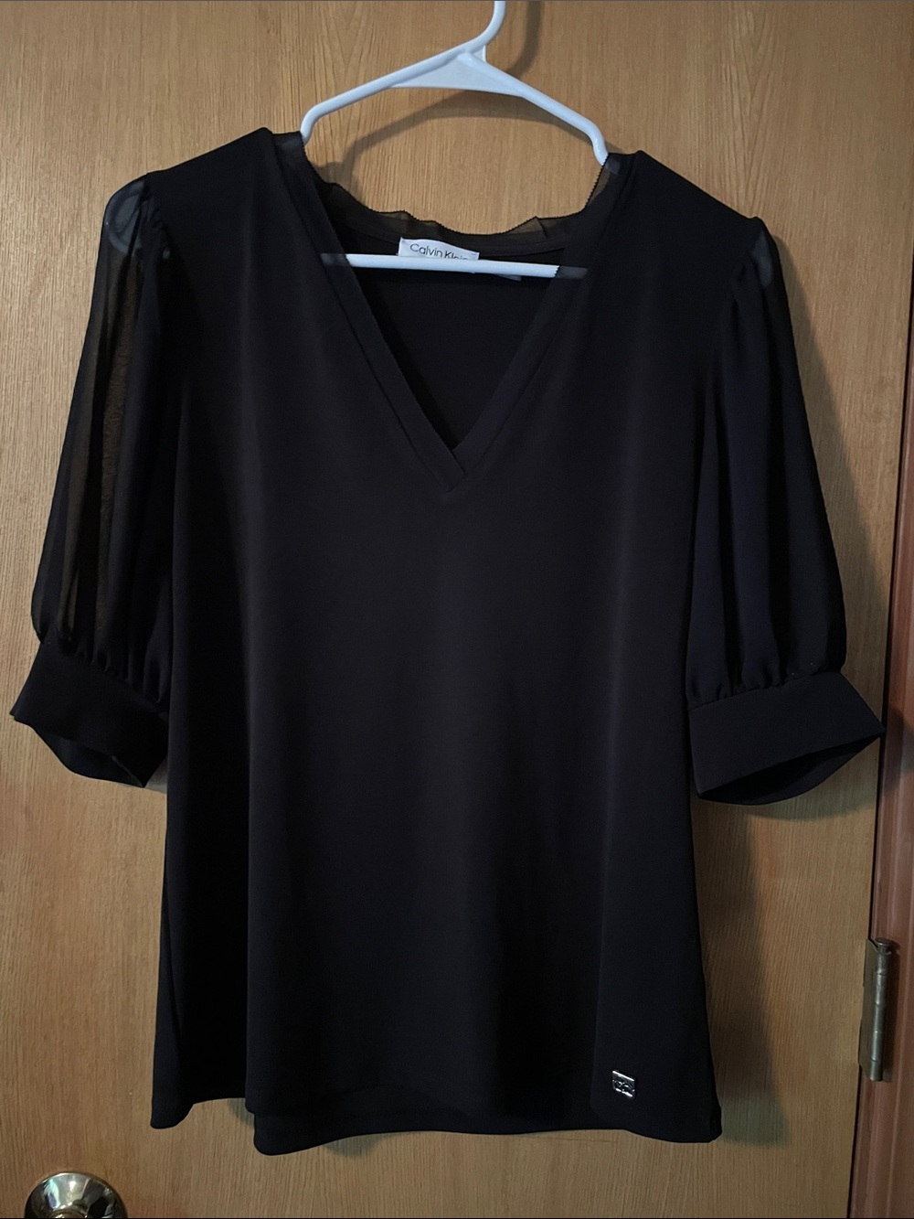 Calvin Klein Black V-Neck Sheer Puff Sleeve Blouse